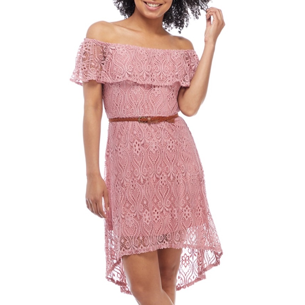 Almost Famous blush rose off the shoulder dress with lace overlay & braided belt